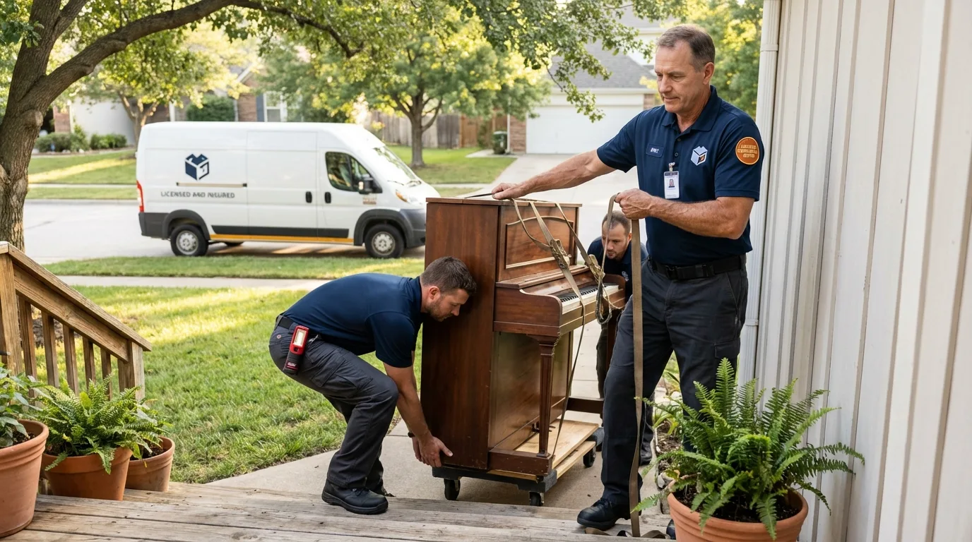 Licensed piano movers securing grand piano in Simmesport, LA