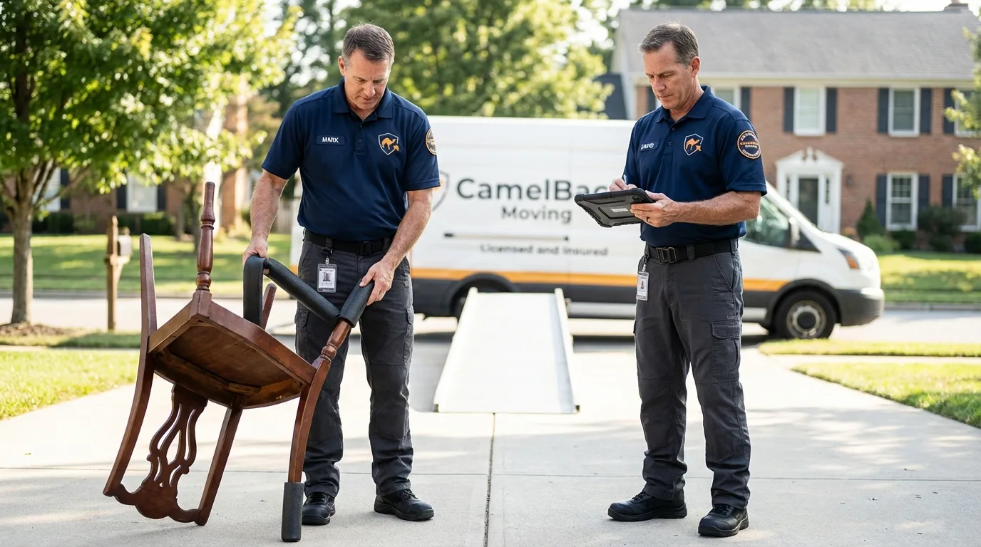 Movers inspecting furniture for damage prevention before loading in Simmesport, LA